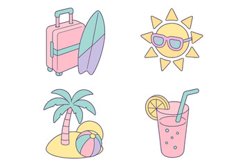 Fototapeta premium Isometric pastel icons of summer travel, beach holiday, and tropical vacation elements