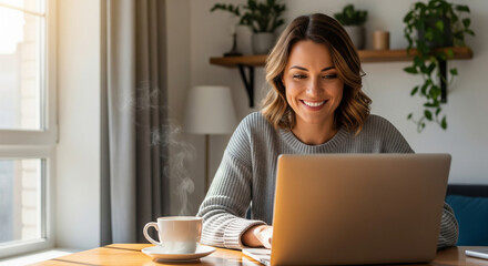 Fototapeta premium Woman Working on Laptop at Home Desk
