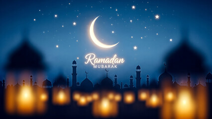 Nighttime Ramadan Mubarak Greeting with Mosque Silhouettes and Crescent Moon