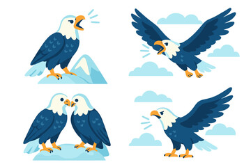 Naklejka premium Eagles perched on mountains and flying in the sky during a sunny day