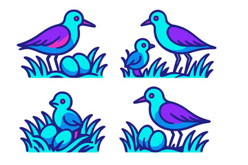 Obraz premium Colorful birds and their eggs in a vibrant grass setting during springtime