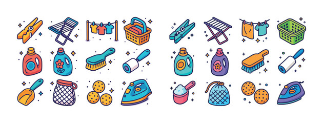 Colorful collection of laundry and cleaning supplies with clothe