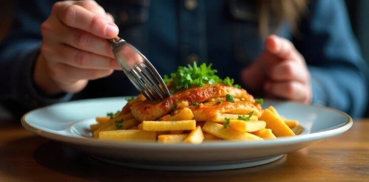 Focused eyes on phone, fork paused mid-air over plate, food photography, stylish