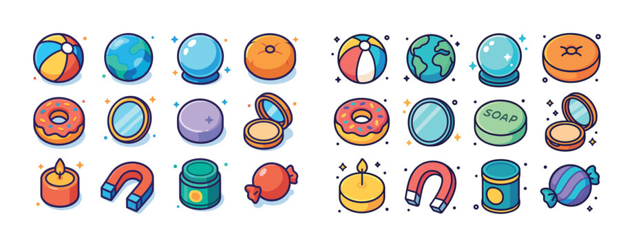 Colorful round objects collection: donuts, globes, mirrors, cand