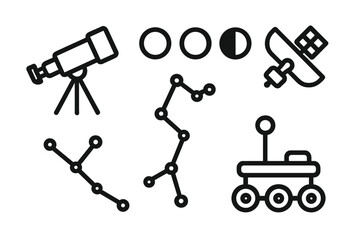 Obraz premium Exploration of the stars with telescope, moon phases, constellations, and a rover representation