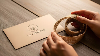 Hands holding a decorative burlap ribbon next to a brown gift voucher on a wooden table