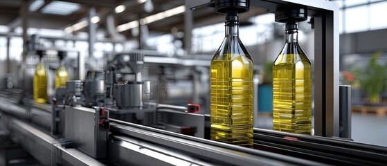 Naklejka premium Sunflower oil filling and capping process on a production line in a factory setting with yellow plastic bottles lined up for packaging
