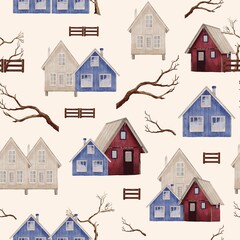 Winter Scandinavian Houses Seamless Pattern – Digital Watercolor Village Design and Branches