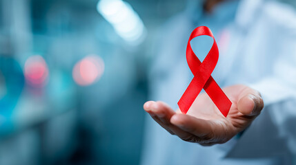 World aids day and national HIV AIDS and ageing awareness month with red ribbon on medical or surgical doctor's hand in hospital background