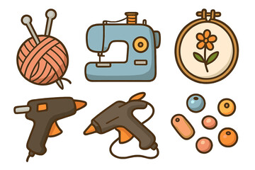 Creative crafting tools for needlework, sewing, and DIY projects in a colorful layout