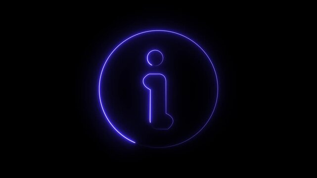Blue neon information symbol animation in a circle on a black background, helpful icon, knowledge, guidance, or assistance