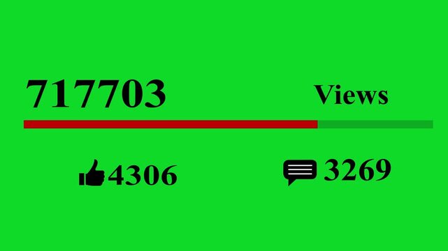 Animated statistics showing 1,000,000 views with 6000 likes and 4555 comments on a green background, social media analytics, engagement growth, or content success