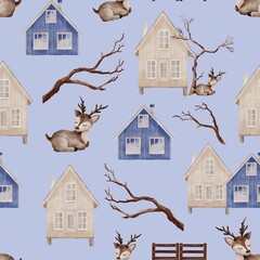 Winter Scandinavian Houses Seamless Pattern &ndash; Digital Watercolor Village Design, Deer 