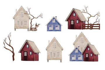 Winter digital Watercolor Clipart Set &ndash; Scandinavian Houses, Deer and Branches