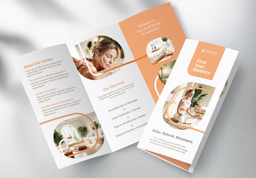 Wellness and therapy corporate brochure design template : Professional modern tri-fold leaflet for wellness services, massage imagery, and calming colors for a spa or therapy center.