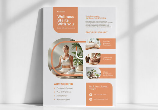 Wellness and therapy promotional poster design : A modern wellness flyer for wellness services, massage imagery, and calming colors for a spa or therapy center.