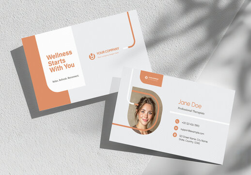 Wellness and therapy business card design : A clean and professional business card mockup with contact details and a photo for wellness services, massage imagery, and calming colors.