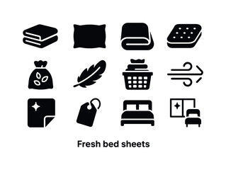 Fresh Bed Essentials Icons. Fresh bed sheets. Solid icon set of