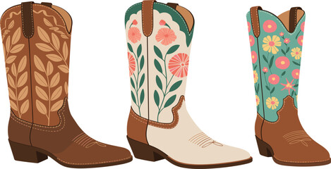 Vector set of three colorful floral cowboy boots, detailed western fashion footwear with embroidered flower designs