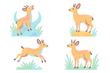 Obraz premium Cute cartoon deer characters in playful poses surrounded by grass and water
