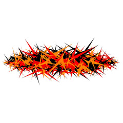 An abstract digital illustration featuring a chaotic cluster of sharp, spiky shapes in vibrant red, orange, and black colors, creating a dynamic and aggressive visual element.