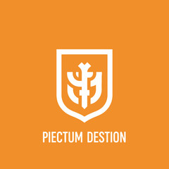 A white shield logo with an abstract symbol and text 