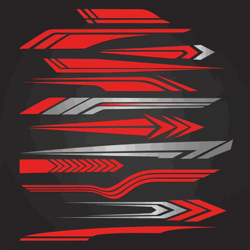 Collection of dynamic red and silver graphic decals for car body styling, featuring various geometric and abstract racing stripe designs.