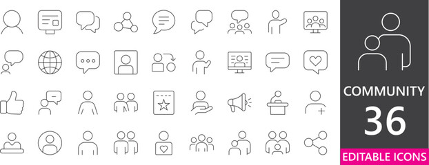 Minimal community icon set featuring people, teamwork, groups, communication, support, collaboration, and social connection for modern projects.