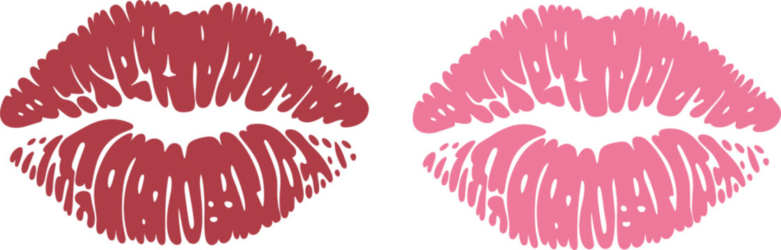 Vector set of two lipstick kiss prints, isolated red and pink lip imprint for beauty and love