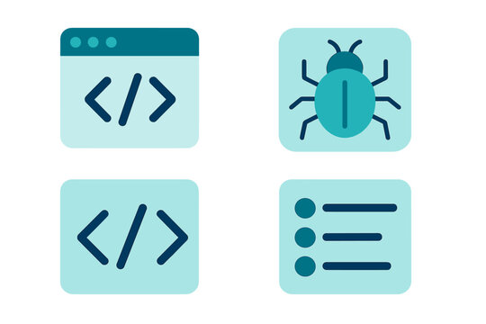 Graphics representing coding, debugging, and documenting processes in software development