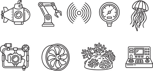 Underwater exploration line icons featuring a submarine robotic arm jellyfish and coral © MDSHOFIQUL