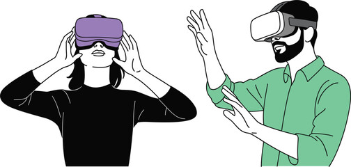 People wearing VR virtual reality headsets, black and white vector illustration of future gaming technology