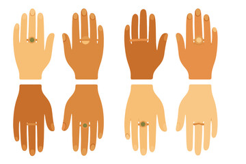 Obraz premium Diverse hands wearing rings showcase unity and individuality in a colorful display of accessories and skin tones