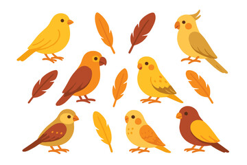 Fototapeta premium Colorful birds and feathers in a whimsical design showcasing various species in playful poses on a white background