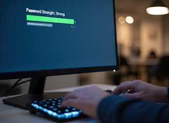 Cybersecurity Expert Typing on Illuminated Keyboard Analyzing Password Strength Indicator on Computer Screen in Modern Office