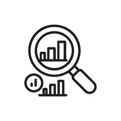 Business analytics magnifying glass with bar chart icon black and white vector illustration for finance data analysis and statistics