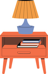 Vector illustration of an orange nightstand with a lamp and stacked books, cozy bedroom furniture design