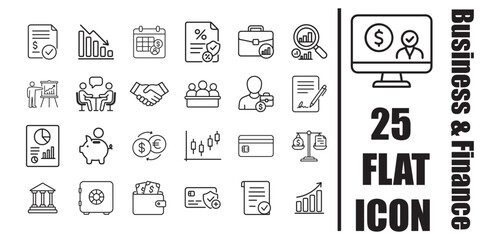 Business and finance outline icons set with charts contracts banking and money management 