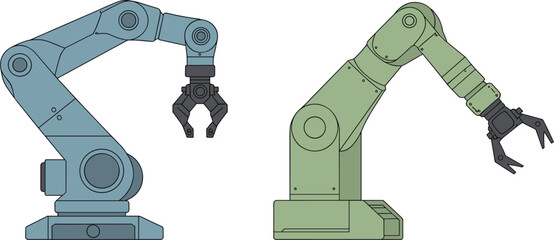 Vector illustration of two industrial robotic arms, automation, manufacturing, and factory technology equipment