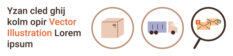 Logistics, delivery service, e-commerce, shipping process, package tracking, supply chain. Box, truck magnifying glass zooming on envelopes. Logistics and delivery service concepts