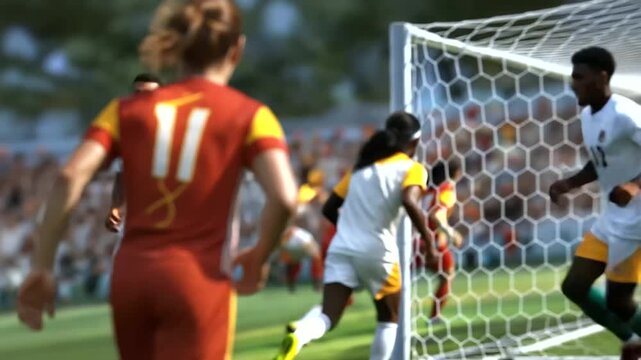 Photorealistic group female, soccer players competing, near goal flying, turf tension display, summer sport teamwork, competition emotion elite, women's football performance, facel