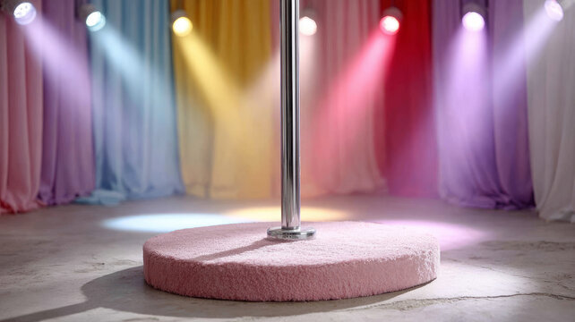 Pole dance studio with colorful lights and stage setup