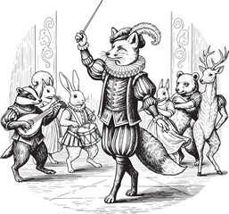 Naklejka premium Whimsical animal orchestra woodcut illustration in renaissance a