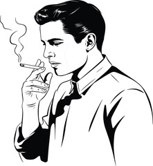 Vector illustration of a man smoking a cigarette, black and white outline, retro style vintage addiction drawing