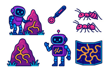 Fototapeta premium Exploring alien terrain with robots and ants under a colorful universe
