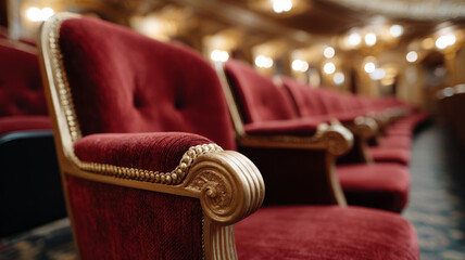 Row of red velvet theater seats with elegant gold trim.