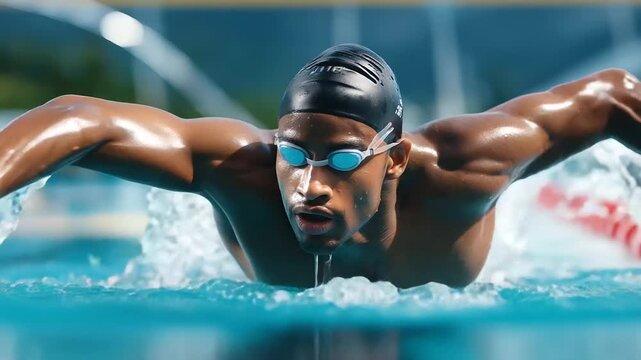 Triathlon swimmer emerging, water intense focus, powerful arm stroke, endurance athletic competition, multisport challenge professional, sports performance display, aquatic transit