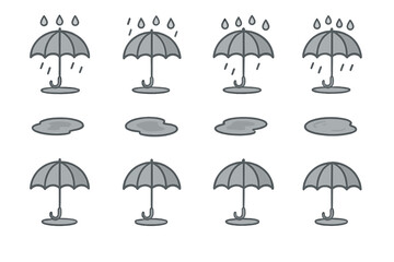 Fototapeta premium Umbrella illustrations showing rain falling and puddles forming on the ground in a simple gray design