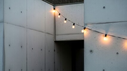 String lights illuminate a modern concrete building exterior at dusk.