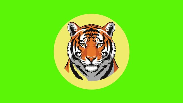 Animation of a Siberian tiger tigress in a round icon format on a green background